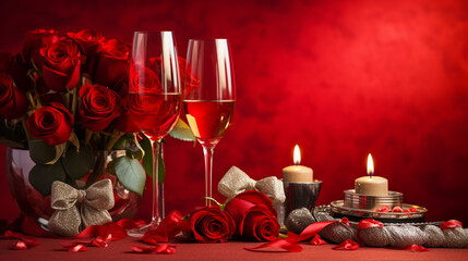 A beautifully serverted Valentine's Day table, all in red tones decorated with red roses. Generative AI