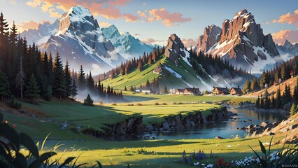 Beautiful mountain views with green grass and filled with beautiful flowers. Beautiful mountain wallpaper with anime style. Landscape view.
