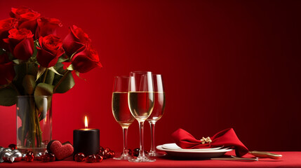 A beautifully serverted Valentine's Day table, all in red tones decorated with red roses. Generative AI