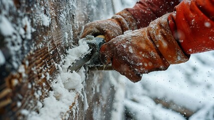 The skilled hands of an ice artist work diligently, sculpting a crystal-clear creation amid a cascade of snow and ice.