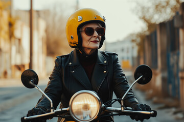 Senior woman Couple On Motorcycle. Grandmother with yellow motorcycle helmet. Mature woman riding a motorbike on the highway. Senior woman rides motorcycle