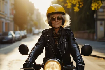 Foto op Canvas Senior woman Couple On Motorcycle. Grandmother with yellow motorcycle helmet. Mature woman riding a motorbike on the highway. Senior woman rides motorcycle © Nataliia_Trushchenko