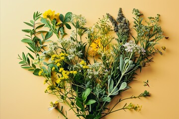 Artistic display of herbs forming a heart pattern.