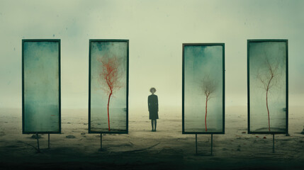 People and loneliness triple composition surreal background