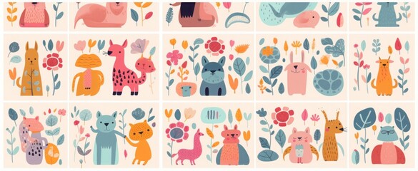 Baby posters collection. Baby animals pattern.  illustration with cute animals. Nursery baby pattern illustration, Generative AI  - obrazy, fototapety, plakaty