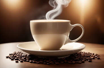 Cup of hot aromatic coffee with smoke on dark cozy brown background with grains