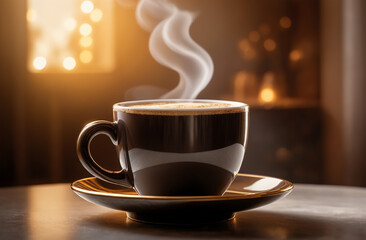 Obraz premium Cup of hot aromatic coffee with smoke on dark cozy brown background. Beautiful glare and bokeh