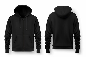 Realistic black hoodie with zipper, with long sleeves and pockets, on white backgroun