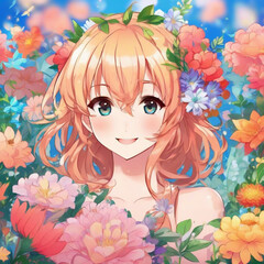 Portrait of a Happy  Girl with Flowers