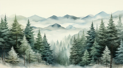 Fototapeta premium The pine trees created from watercolors have a beautiful view.