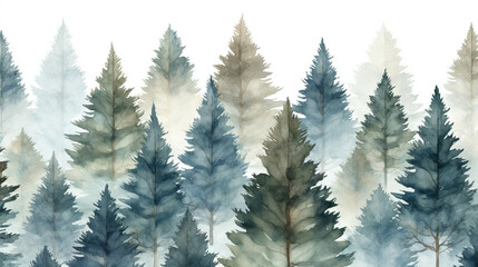 The pine trees created from watercolors have a beautiful view.
