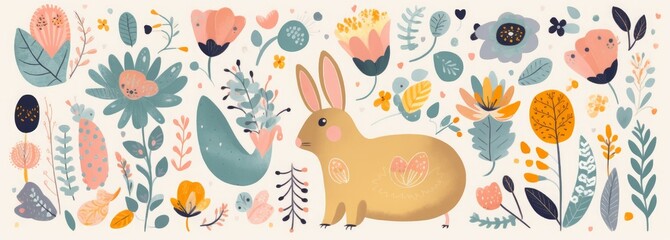 Big spring Easter collection of flowers, leaves, birds, bunny and spring symbols, Generative AI 
