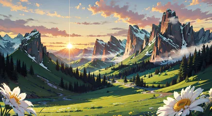 Foto op Canvas Beautiful mountain views with green grass and filled with beautiful flowers. Beautiful mountain wallpaper with anime style. Landscape view. © Eunoya