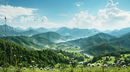 landscape with mountains and a field of dandelions created with Generative AI technology