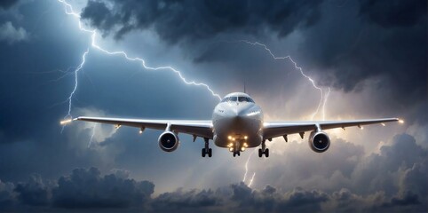 A large jet plane flies across the cloudy sky with lightning