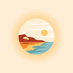 Vector illustration of summer background in sunset with turquoise water, sandy beach and beach umbrella  perfect for ittinerary promotion template