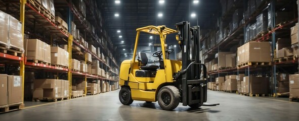 forklift running carrying pallet boxes, at the logistics distribution center, at night