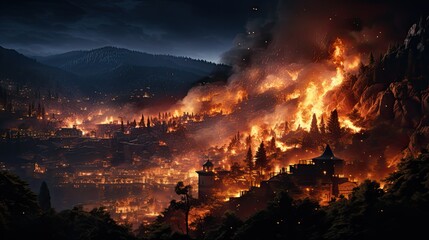 Wildfire Engulfs Mountain Town at Night