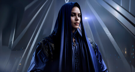 Abstract image of a portrait of a woman in a blue cape on a blue background.