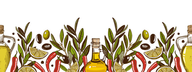 A horizontal border with olive branches, bottles of oil, red hot pepper. Isolated on a white background.