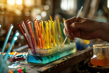 Artisan adding vibrant color to a glass sculpture. High quality photo