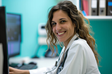 smiling doctor working at desktop