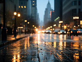 A blurred view of city lights on a rainy day, captured from a street perspective.