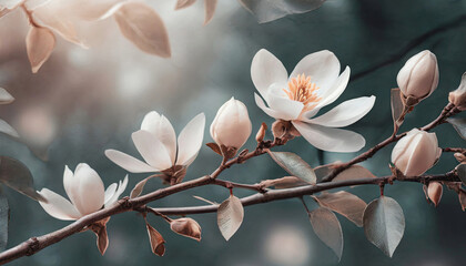 Closeup blooming tree branch, spring floral blossom - obrazy, fototapety, plakaty