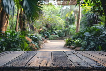 Wooden Tabletop Foreground, Blurred Zoo Ambiance Background