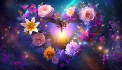Fototapeta na wymiar Flowers in the shape of heart, purple background