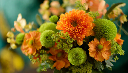 Beautiful orange and green flowers in the garden, floral bouquet, plant blossom