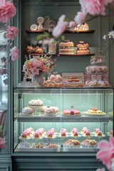 A vintage-style patisserie cabinet elegantly displays an array of delicate desserts, cakes, and pastries among floral arrangements..