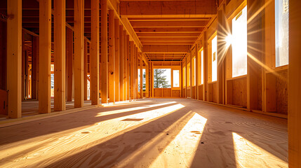 a house under construction with wooden framing, in the style of light-filled interiors, wood, focus on materials, light orange 