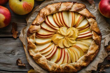 A rustic apple galette sprinkled with cinnamon, displaying thinly sliced apples on top, resting on a wooden table next to fresh apples and cinnamon sticks..