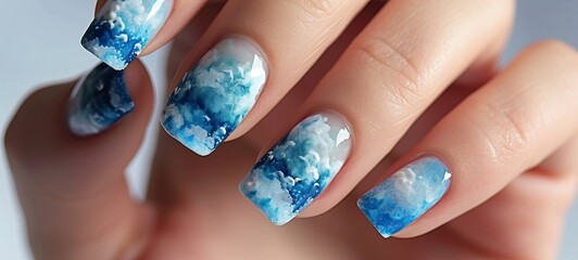 Nail art design summer sky, cloud, close up. Woman's fingernails with glossy nail polish. Manicure nail design