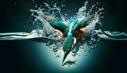 A dynamic kingfisher dives into water with a splash, capturing a fish, in a stunning display of nature’s precision and beauty.Bird behavior concept. AI generated.