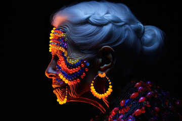 Photo of old woman with his face illuminated by bright neon lights