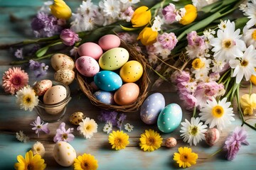 Fototapeta na wymiar Colorful Easter eggs nestled among pastel-colored flowers on a tabletop, creating a joyful and festive atmosphere.