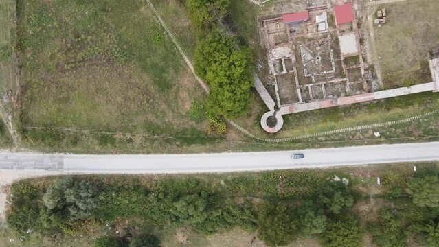Aerial view of ruins of ancient Roman city Nicopolis ad Nestum near town of Garmen, Blagoevgrad Region, Bulgaria