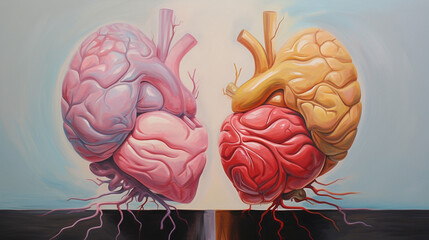 
An evocative and artistic painting of a brain and heart in a close embrace,