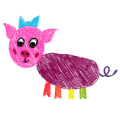 Hand-drawn simple colorful pig on white background. Isolated. Pencil technique. For kids card