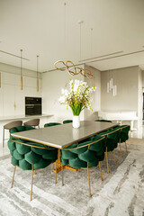 Dining table with green chair in stylish kitchen
