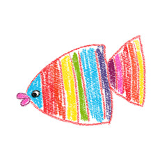 Hand-drawn simple colorful fish on white background. Isolated. Pencil technique. For kids card