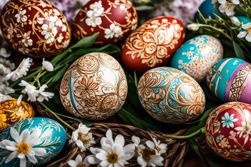 Fototapeta na wymiar A close-up shot of hand-painted Easter eggs with intricate patterns, set against a background of blooming flowers.