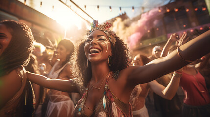 Pessoas sorridentes fantasiadas se divertindo no carnaval: Uma Explosão de Alegria e Cores, AI Generativa	
