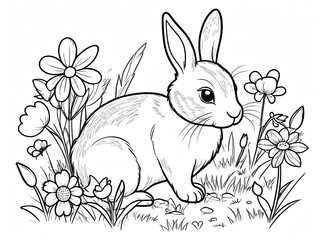 fluffy bunny in a field of flowers coloring page. generative ai