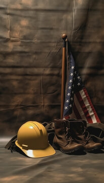 Photograph of the American flag, safety helmet and workers shoes