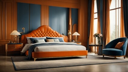 A modern bedroom with art deco style interior design featuring a bed adorned with an orange leather headboard and complemented by blue bedding