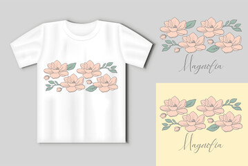 Vector graphic linear illustration of a sprig of magnolia flowers. Vector concept with t-shirt mockup