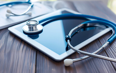 A stethoscope resting on a tablet, a concept of tradition and technology at the service of health